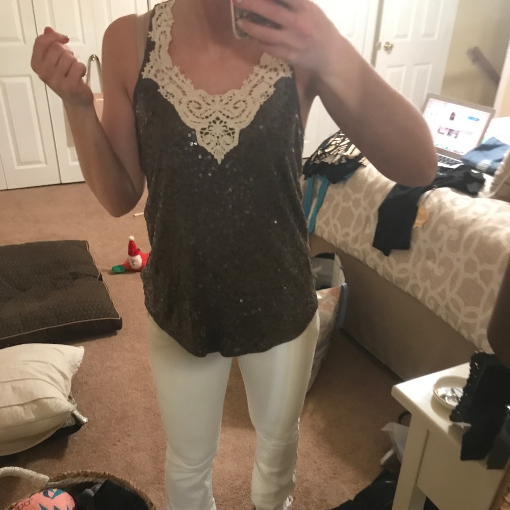 Dark green Express tank top with lace and sequins